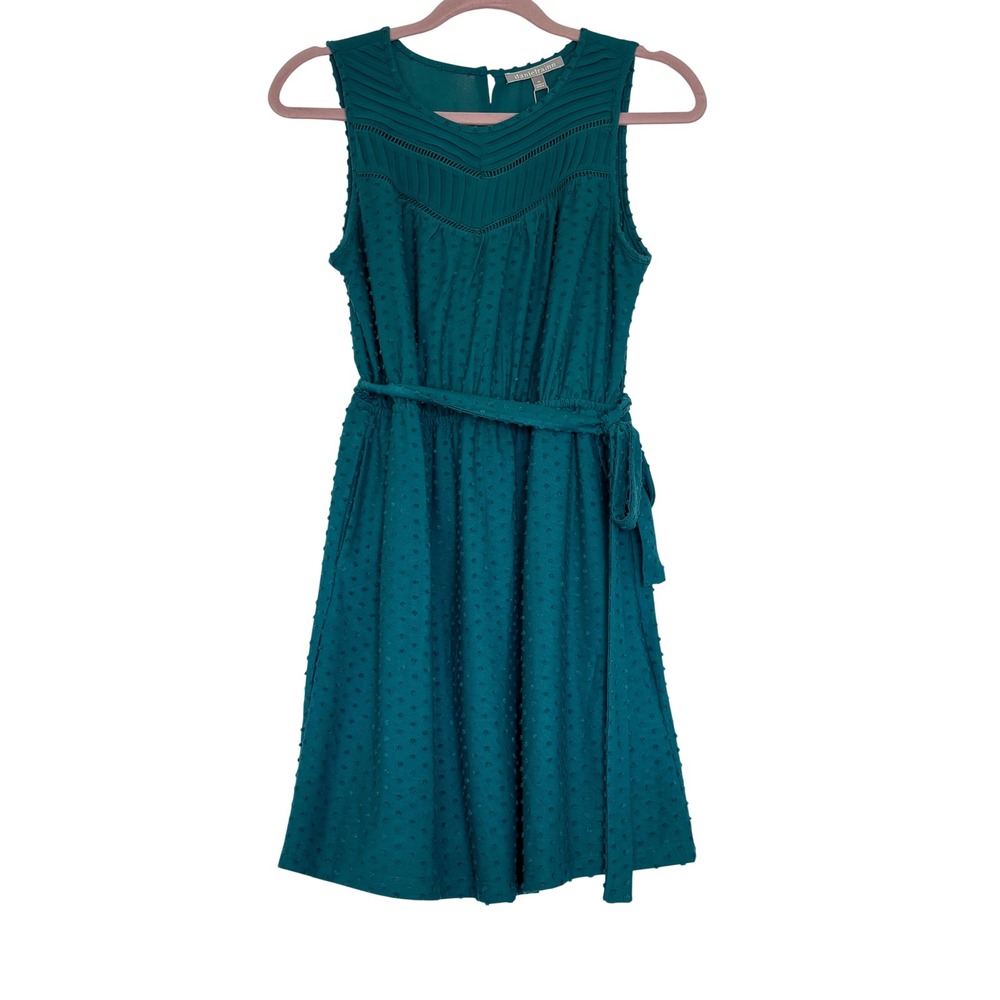 Daniel Rainn Teal Swiss Dot Sleeveless Mini Dress Pleated Lace Pockets NWT M
